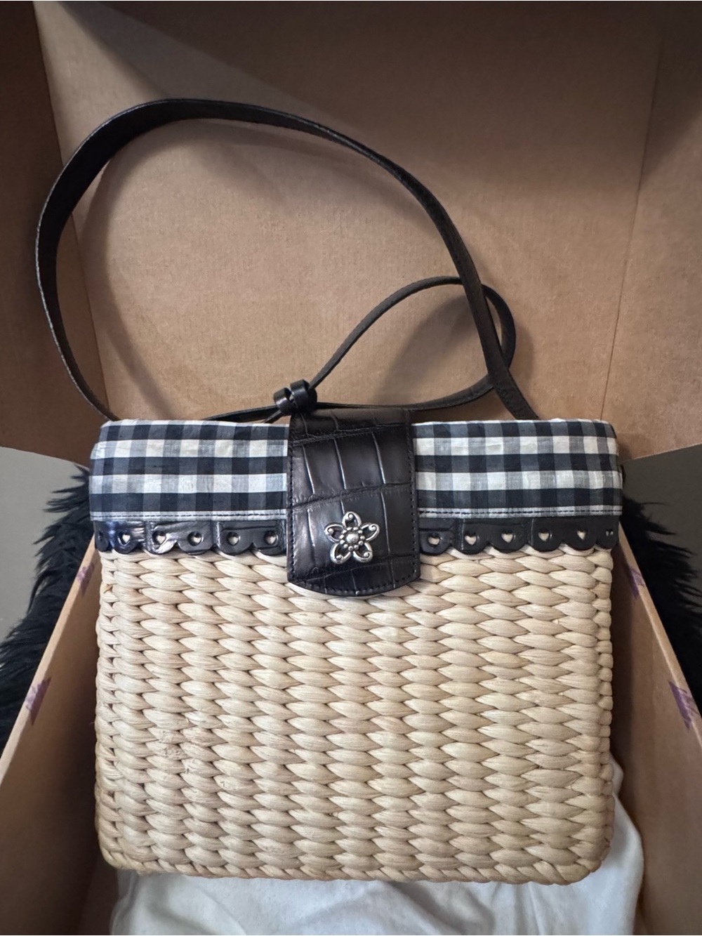 Brighton Cream Woven Shoulder Bag with Black Gingham Trim